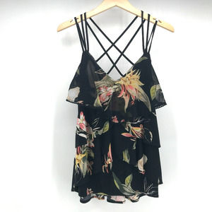 White House Black Market Top Womens Medium Black Tropical Floral Tiered Strappy